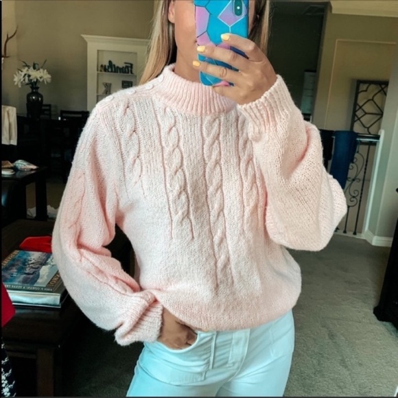 Vintage Sweaters - Vintage Light Pink Turtleneck Woven Knit Sweater